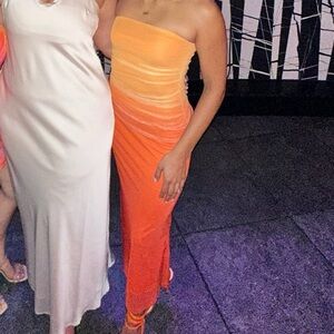 Orange and Yellow Strapless Midi Dress